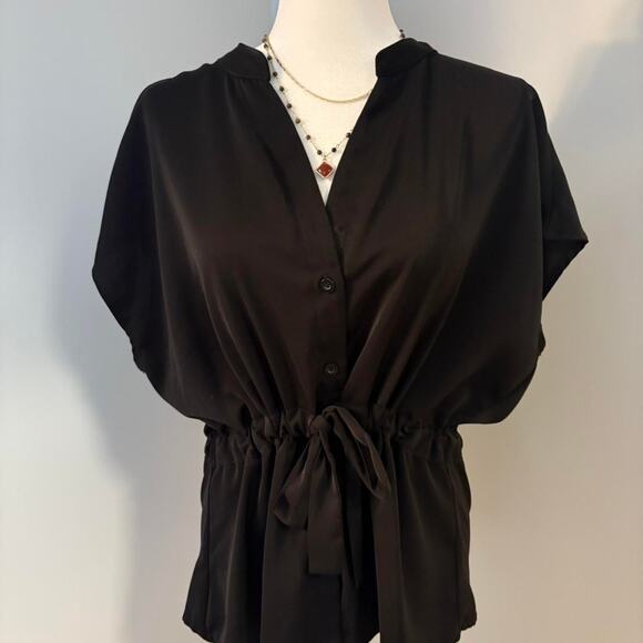Black Button-Down Blouse with Tie Waist – Minimalist Chic - Picture 1 of 2